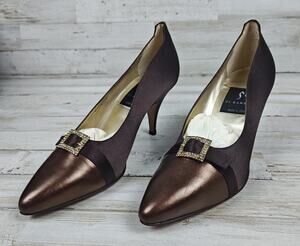 Di Sandro Pumps Brown Satin/Metallic Bronze Leather W/Rhinestone Buckle US9/EU40